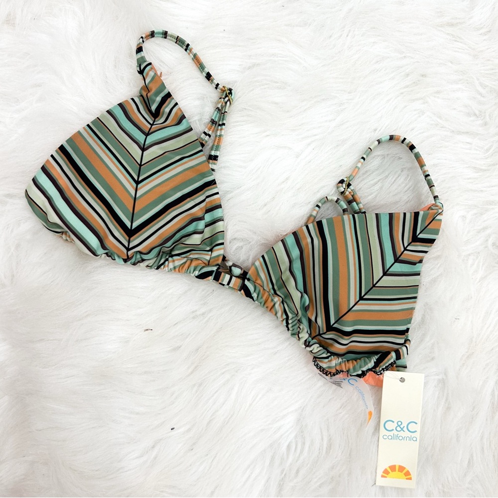 C&C California Orange and Green Striped Bikini Top Medium